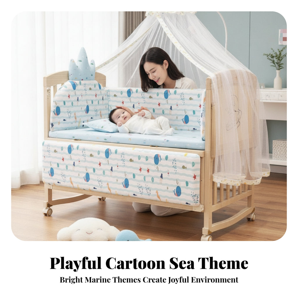 Slatted Wooden Crib Natural Wood Finish Wooden Baby Crib Multi-Functional Enclosed Base