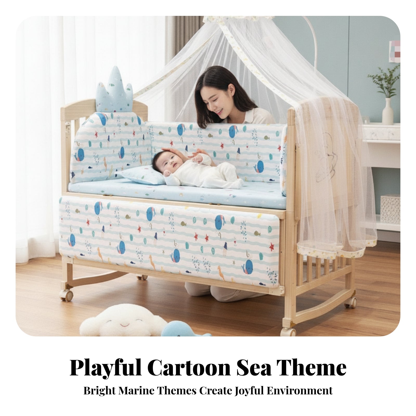 Slatted Wooden Crib Natural Wood Finish Wooden Baby Crib Multi-Functional Enclosed Base