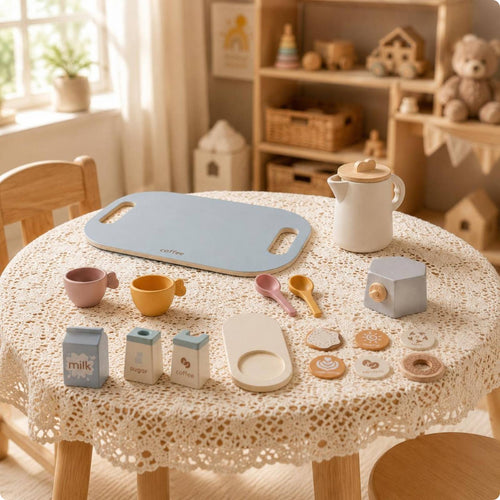 Wooden Coffee Toy Set Natural Wood Pretend Coffee Set Imaginative Play
