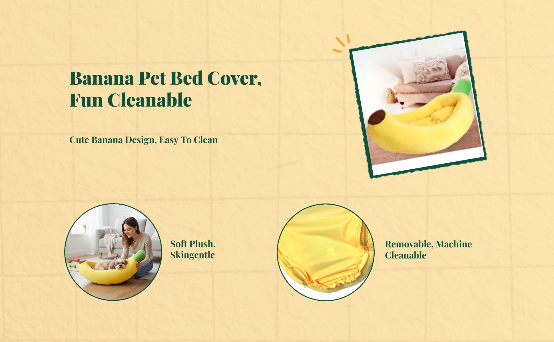 Banana Pet Bed, Cozy Plush, Removable Cover, All Seasons