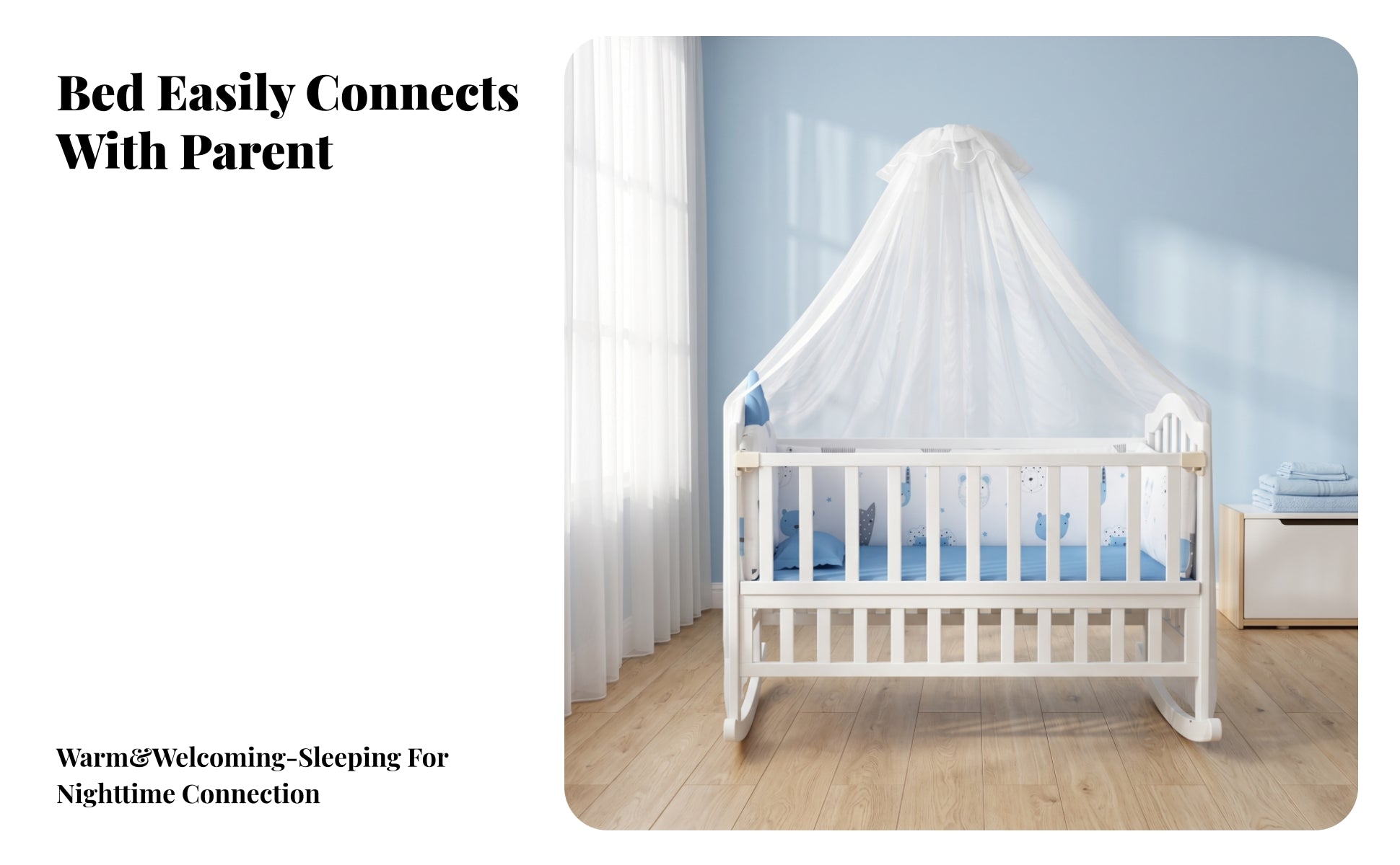 Bug Net Canopy Nursery Rocking Cradle Caster Wheels Rocking Cradle Padded Mattress for Babies, Toddlers