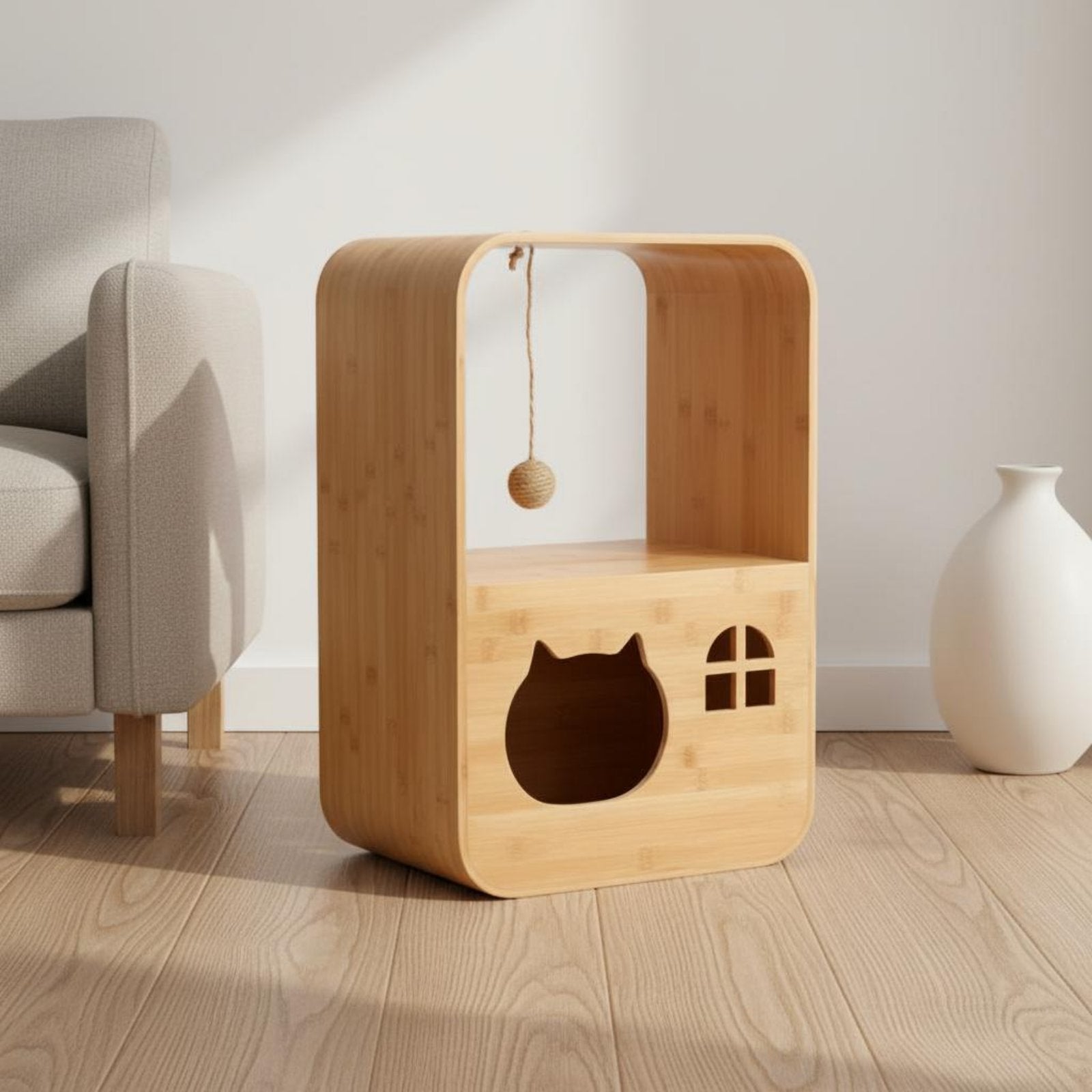 Wooden Cat House Cabinet 2-in-1 Cat Design Condo Cabinet Space-Saving Animal Furniture for Living Room