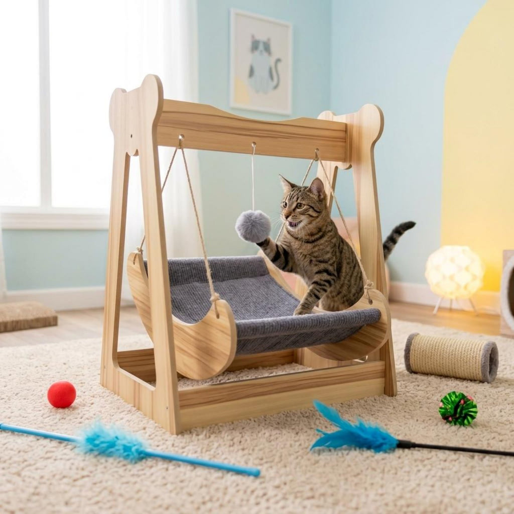 Cat Hanging Hammock Bed Elevated Cozy Nest Wooden Suspended Cat Bed Easy to Clean Animal Furniture for Cats