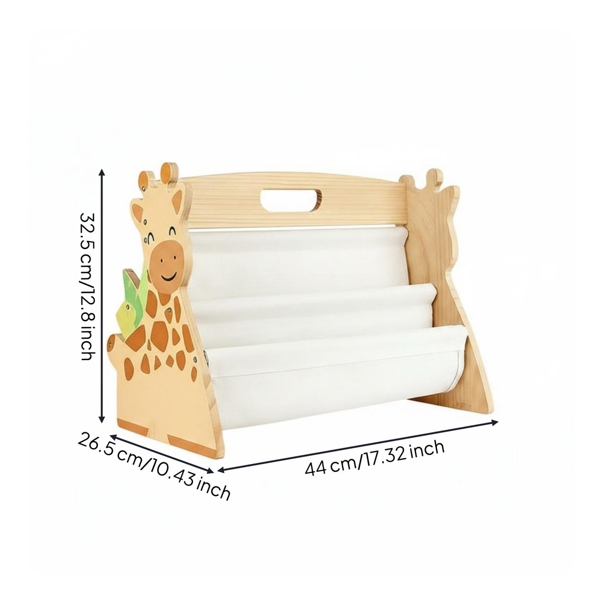 Giraffe Book Rack Natural Wood Finish Wooden Kids Bookshelf Cutout Side Panels