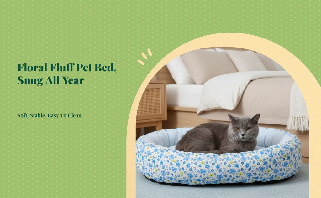 Plush Round Pet Bed, Auto-Warming, Floral Pattern
