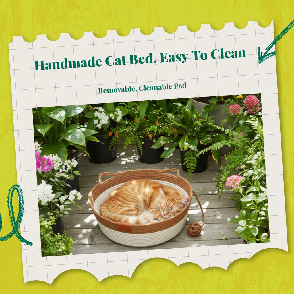 Cat Bed, Woven Basket, All-Season, Scuff-Resistant, Washable