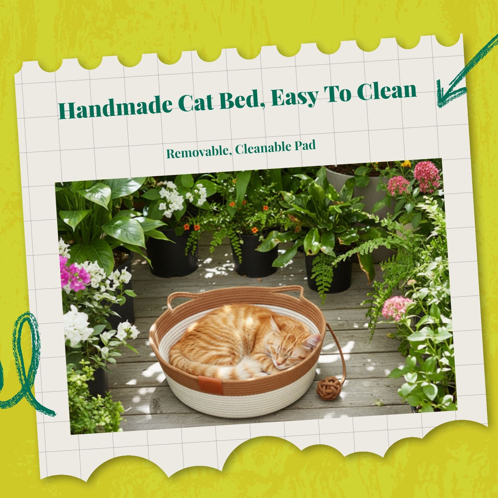 Cat Bed, Woven Basket, All-Season, Scuff-Resistant, Washable