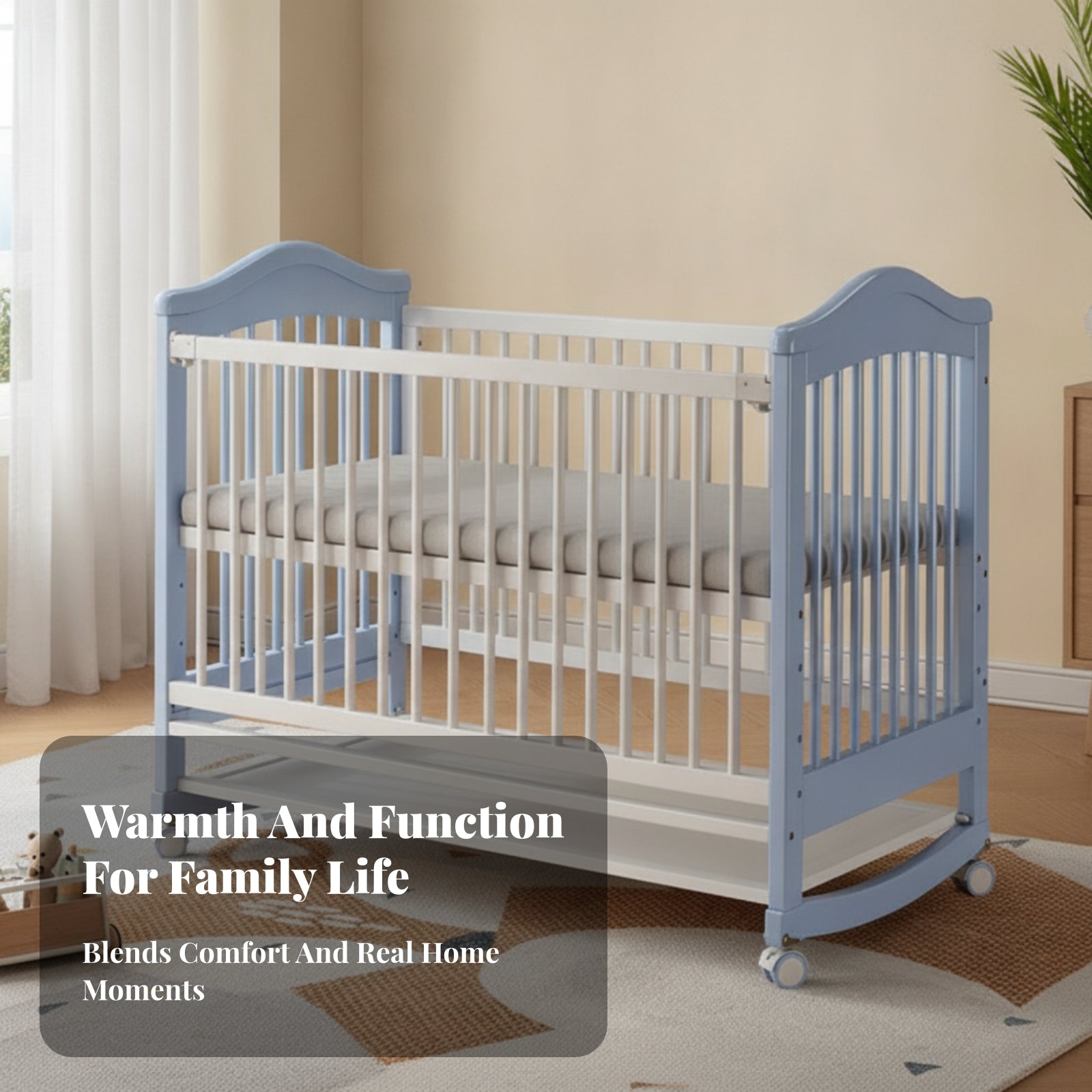 Sleeping Cot Caster Wheels Rounded Edges Movable Baby Crib Lockable Casters Adjustable Wooden Crib
