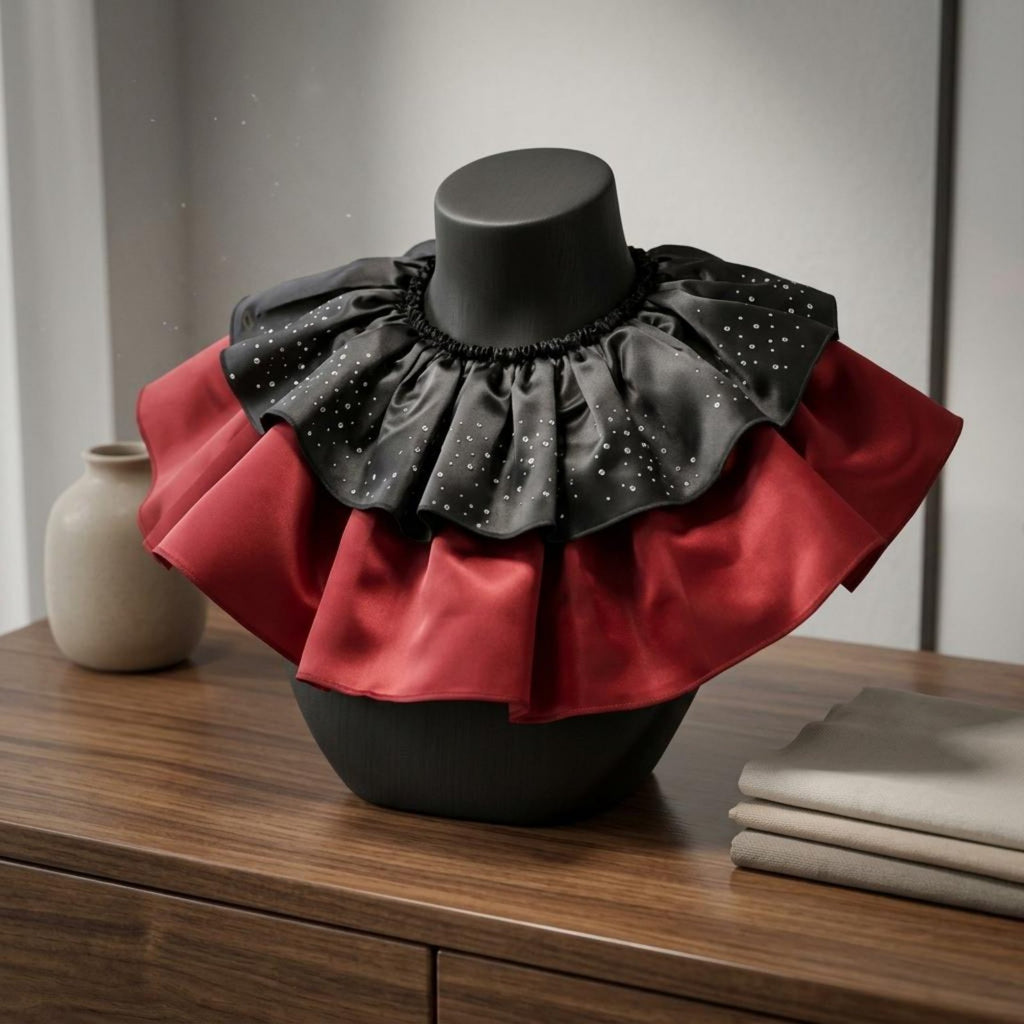 Black and Red Ruffle Collar Glittering Satin Costume Collar Detachable