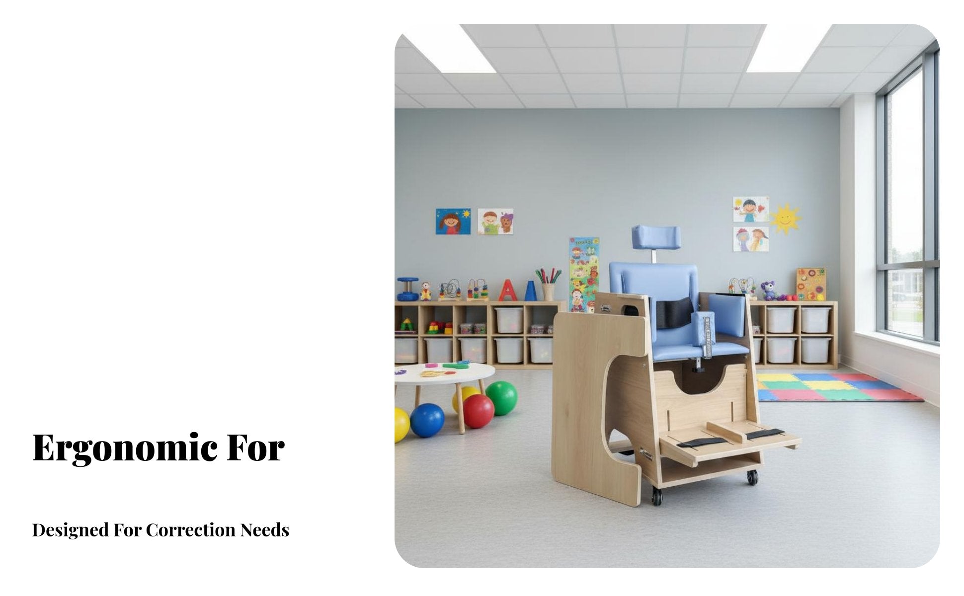 Fully Adjustable children's Posture Correction Chair Ergonomic Design Wooden Cerebral Palsy Chair Solid Wood Construction Toddler Positioning Seat Locking Casters for Physical Therapists, Toddlers, Parents, Indoor, Therapeutic Sessions, Home
