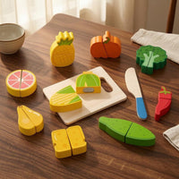 Wooden Fruit Cutting Set Slice-Apart Sliceable Play KitchenSet Brightly Painted Wooden Cutting Toy for Children