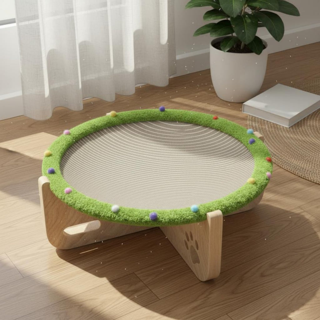 Raised Pet Bed with Scratcher All Seasons Use Elevated Cat Hammock Wooden Cat Lounge Bed for Cats, Kittens, Indoor