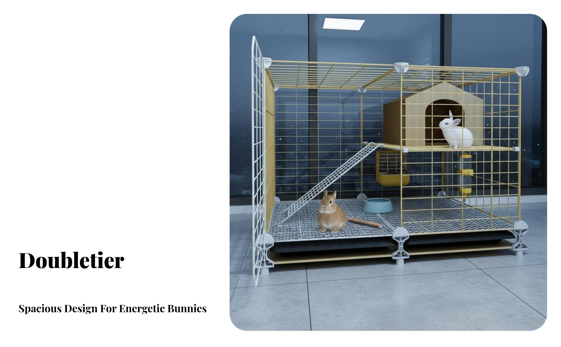 Easy-Clean Tray Indoor Rabbit Enclosure Accessible Able Roof 2-Tier Bunny Hutch Movable Wheels 2-Story Rabbit Hutch DIY Assembly for Families with Pets, Home, Living Room