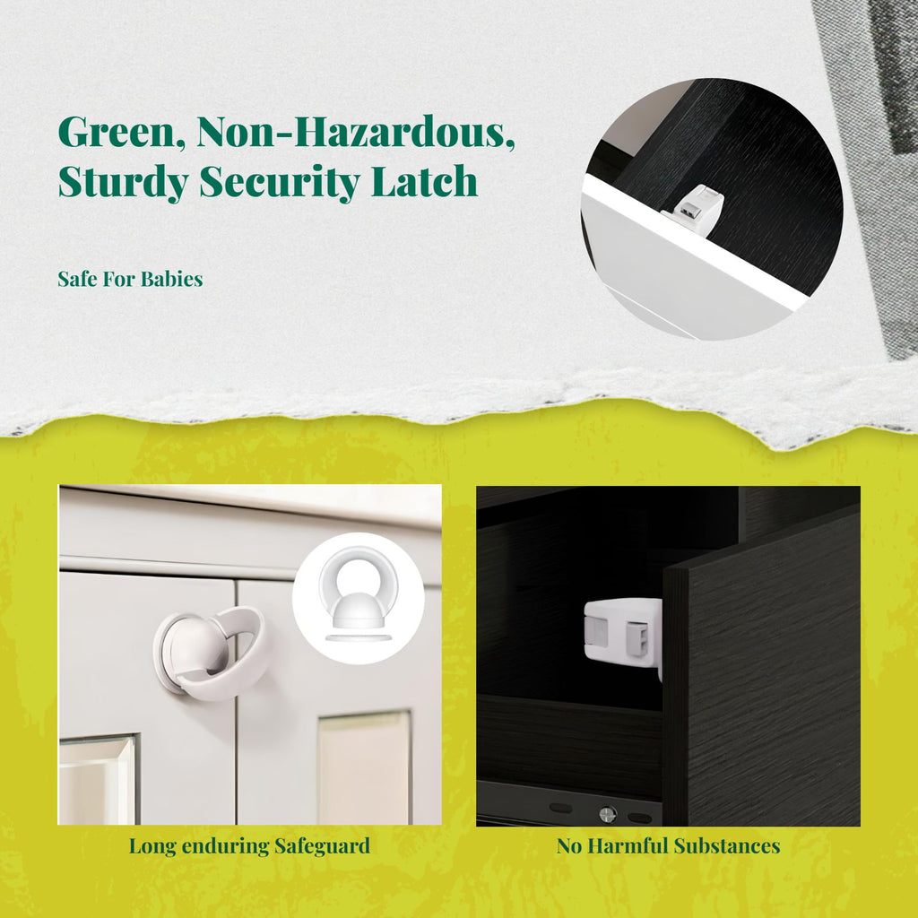 Attractive toddler childproof locks, discreet toddler protection cabinet fasteners, no-drill sticky backing for drawers, cupboards, kitchen, and home.