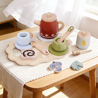 Afternoon Tea Playset Burr-Smooth Wooden Tea Set for Home, Preschoolers