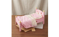 Pink Wooden Doll Bed Curved Headboard Pretend Play Bed Four-Post Small Furniture Strawberry and Rabbit Print for Children