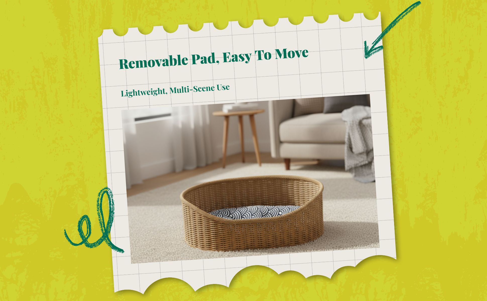 Woven cat bed with removable cushion