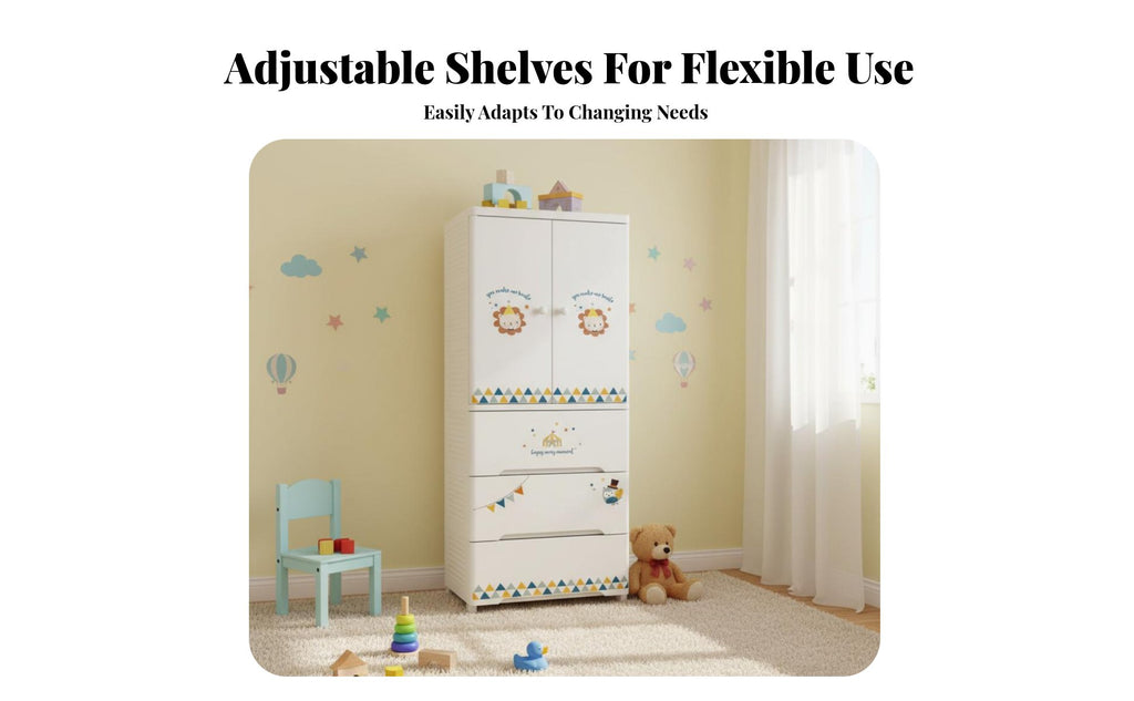 Wheeled kids' wardrobe Rounded Corners Storage Cabinet Cute creature Design Lockable Top Drawer for Children, Infants