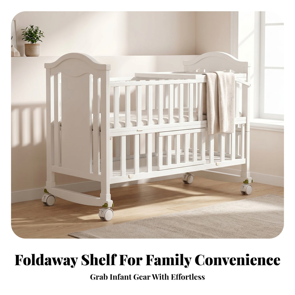 White Wooden Baby Crib Wheeled Crib on Wheels Mattress Included Nursery Bed Curved