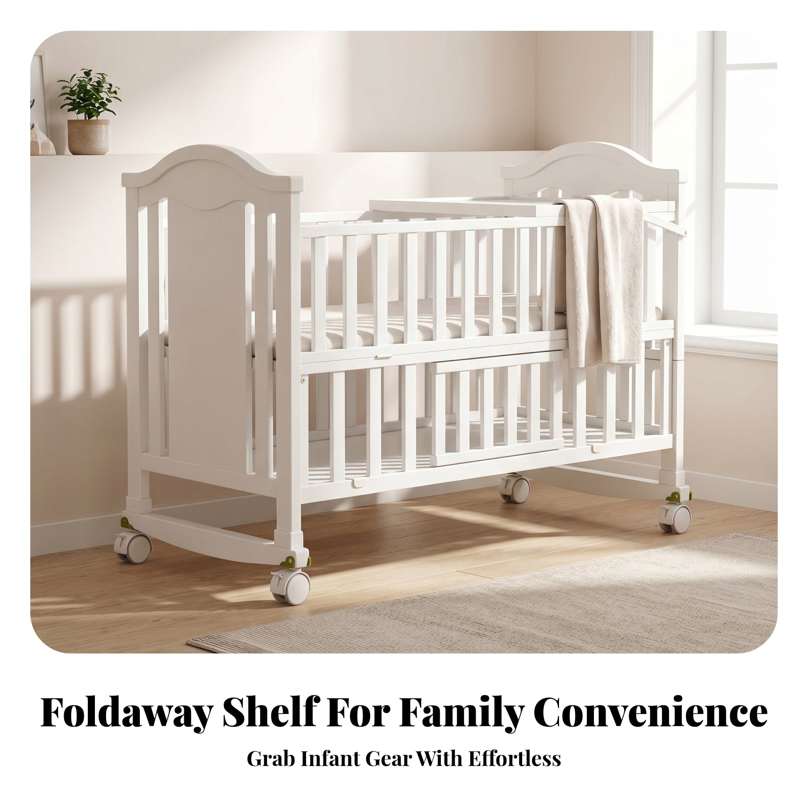 White Wooden Baby Crib Wheeled Crib on Wheels Mattress Included Nursery Bed Curved