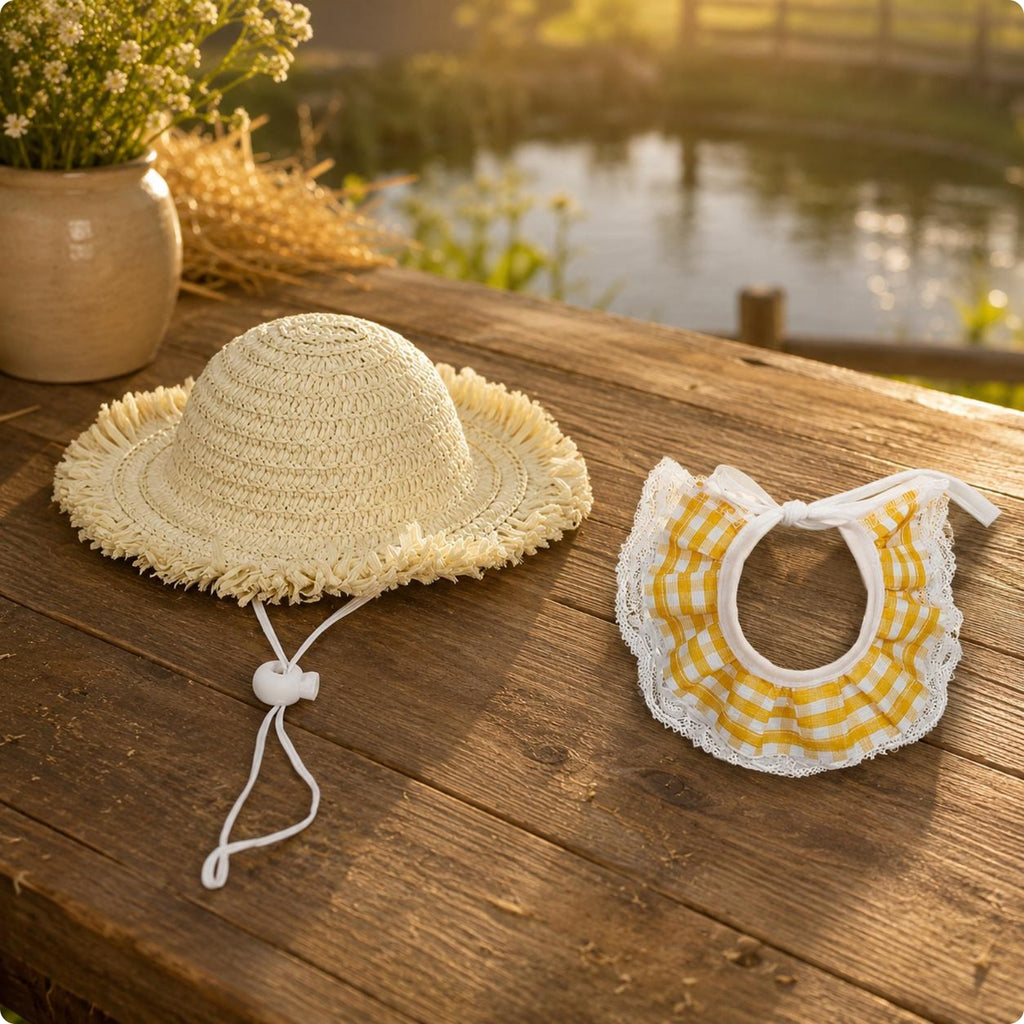 Pet Hat Set Wide Brim Woven Straw Collar Decorative