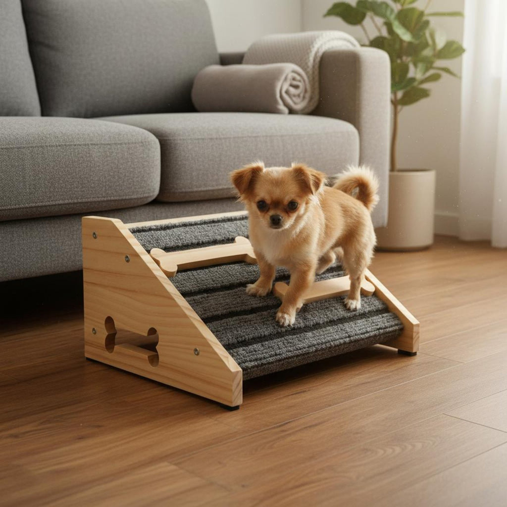 Wooden Dog Stair Ramp Gentle Slope Carpeted Pet Step Ramp Reduces Strain