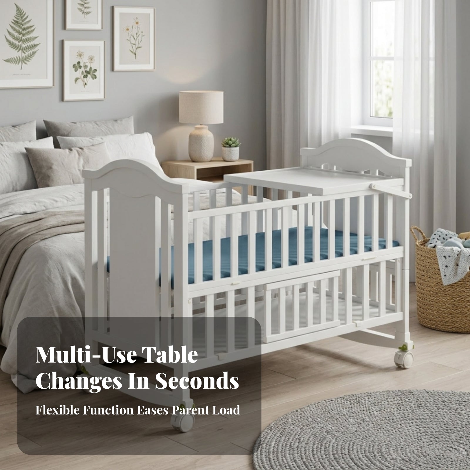 White Wooden Baby Crib Wheeled Crib on Wheels Mattress Included Nursery Bed Curved