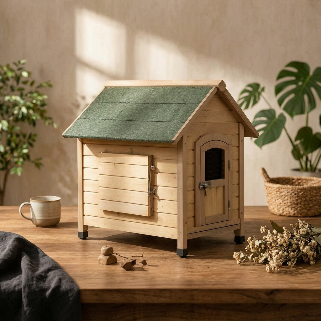 Wooden Dog House Hinged Awning Gabled Rooftop Dog House Slatted Construction for Indoor