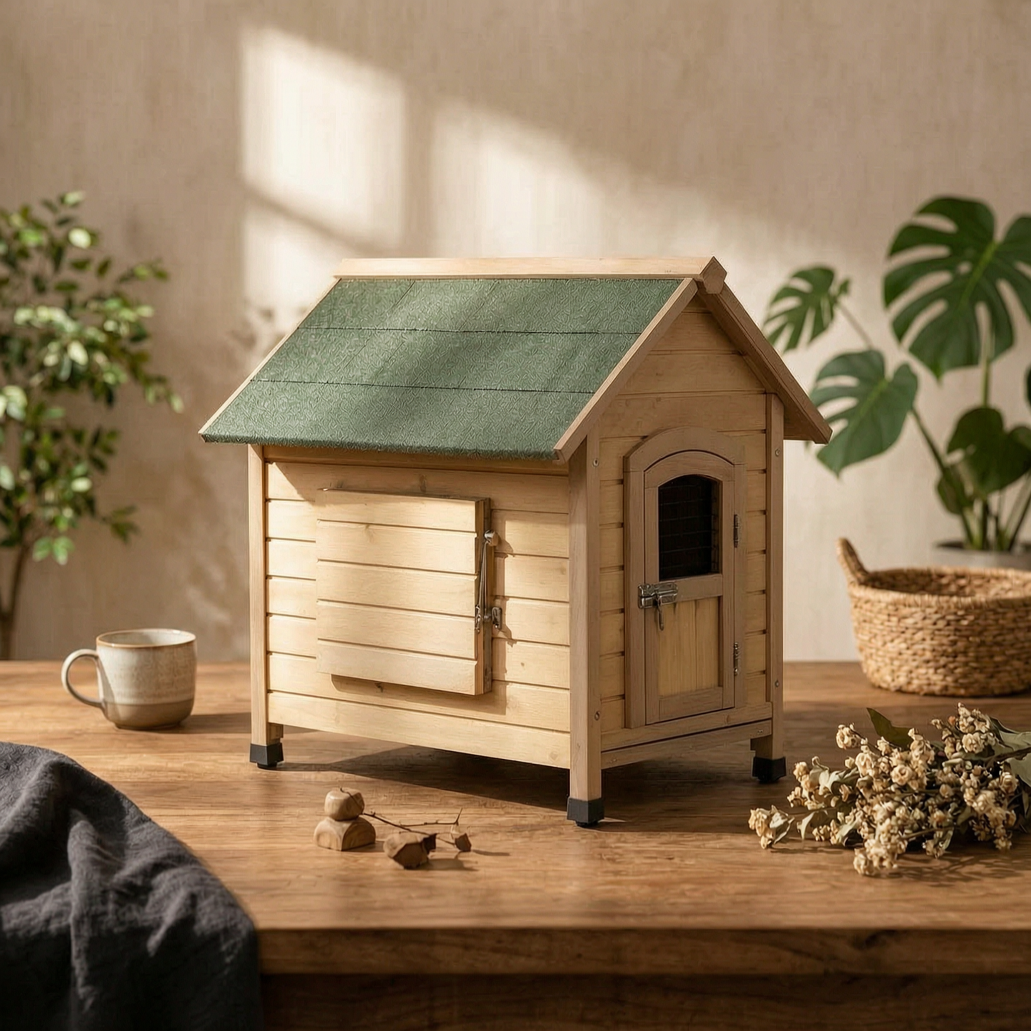 Wooden Dog House Hinged Awning Gabled Rooftop Dog House Slatted Construction for Indoor