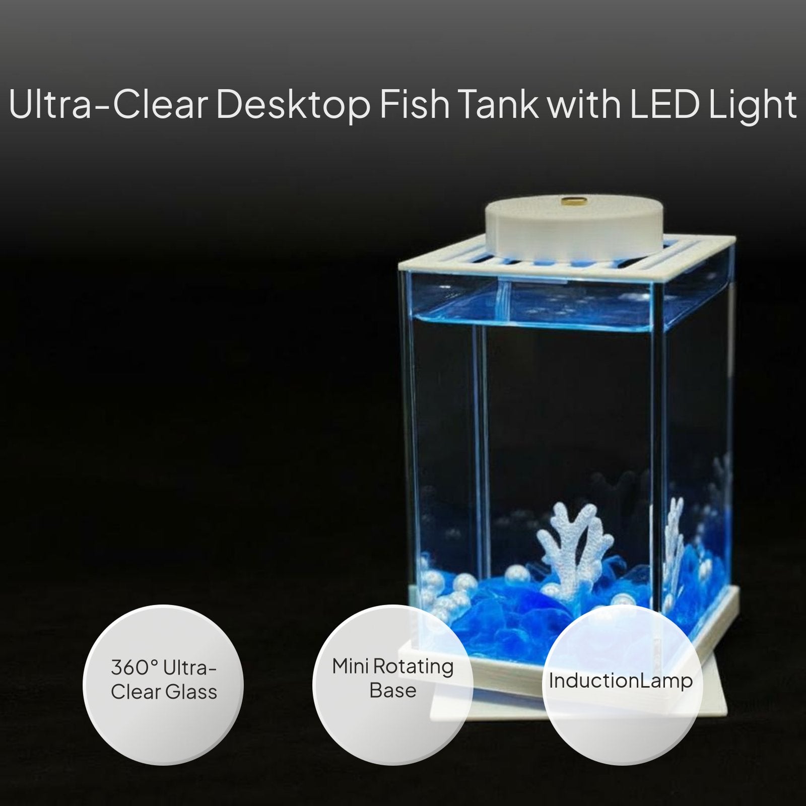 Desktop Fish Tank with Light Compact Size Desktop LED Aquarium Panoramic View Rotating Betta Tank for Beginners, Kids, Office, Bedroom