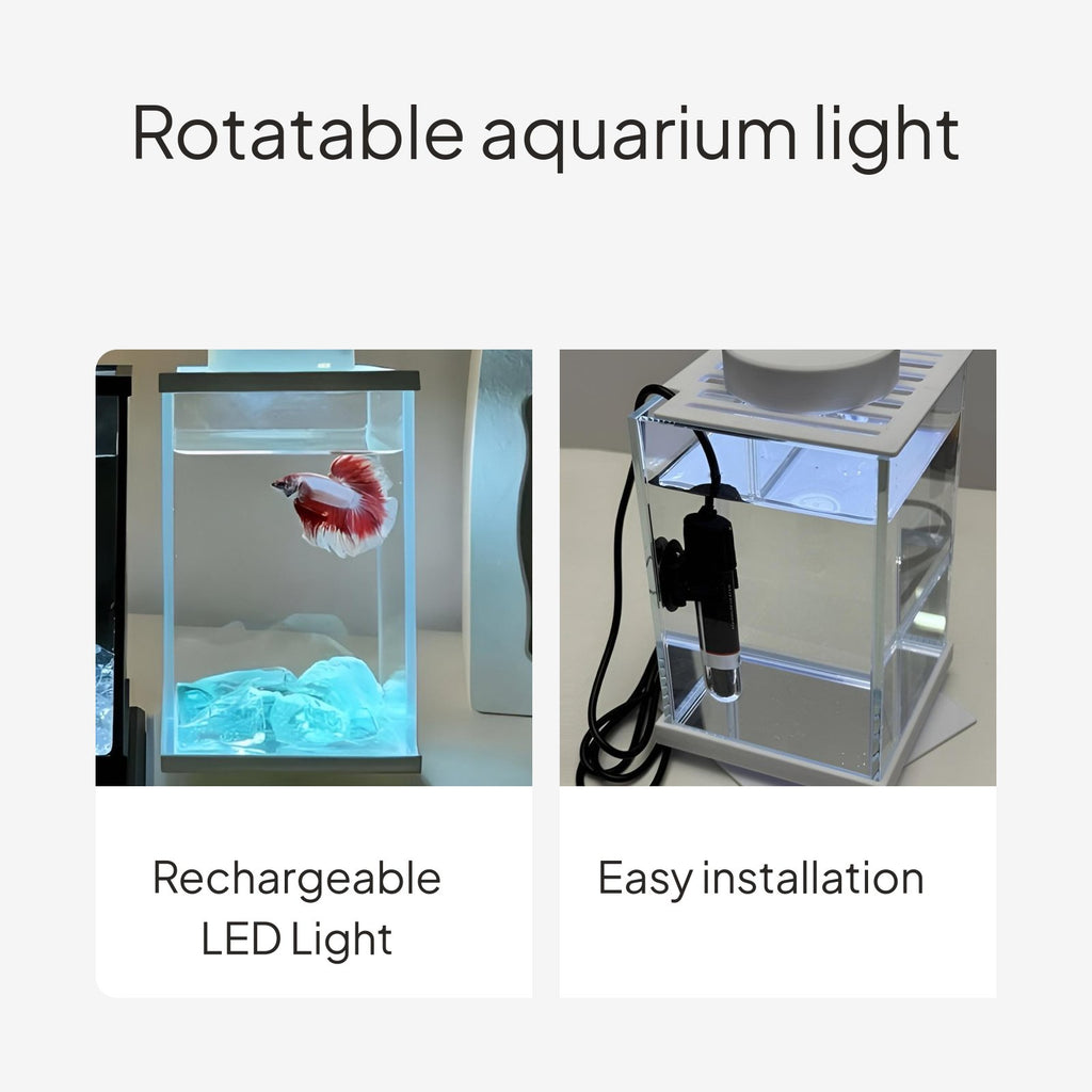 Desktop Fish Tank with Light Compact Size Desktop LED Aquarium Panoramic View Rotating Betta Tank for Beginners, Kids, Office, Bedroom