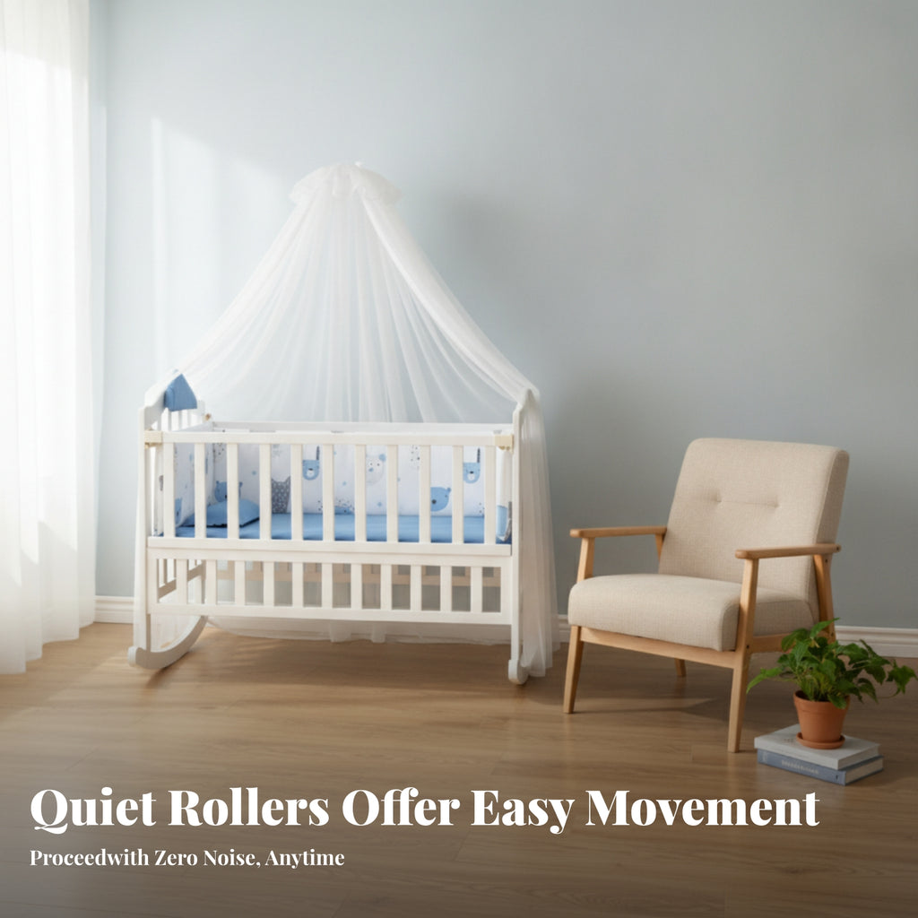 Bug Net Canopy Nursery Rocking Cradle Caster Wheels Rocking Cradle Padded Mattress for Babies, Toddlers