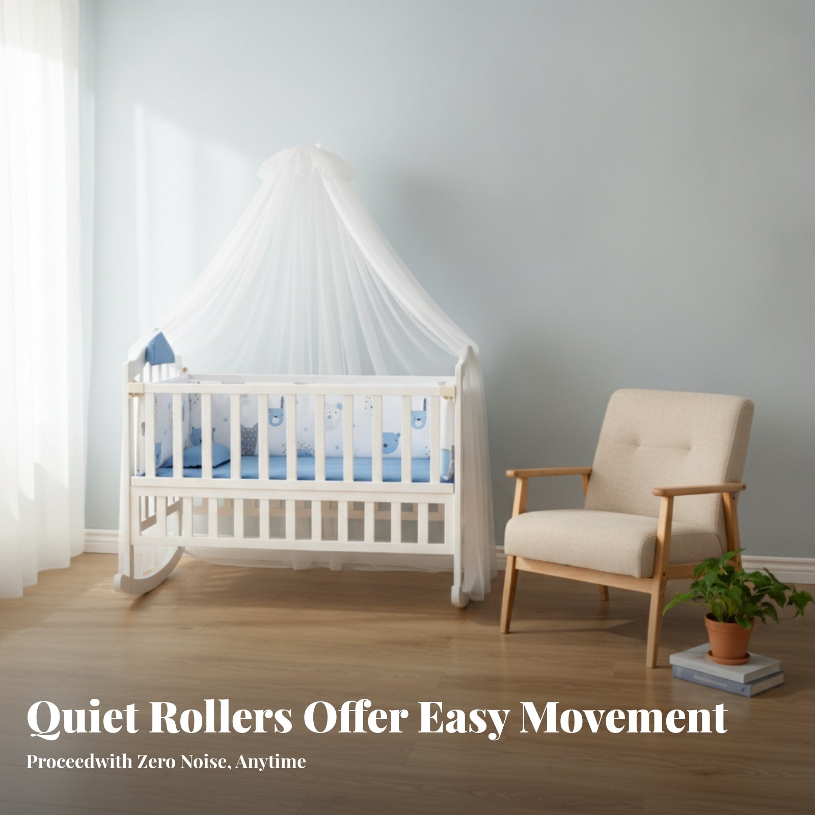 Bug Net Canopy Nursery Rocking Cradle Caster Wheels Rocking Cradle Padded Mattress for Babies, Toddlers