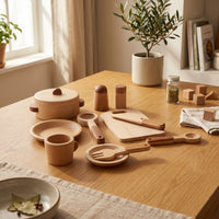 15 Pieces Pretend Play KitchenSet Brown Accents Wooden Cookware Playset Smooth Rounded Edges Kids Cooking Playset for Children