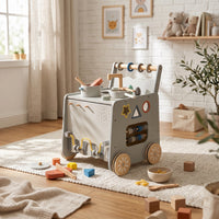 Wooden Play Kitchen Cart Pretend Cooktop Top Rolling Play Kitchen Cart Sink Area for Young Children