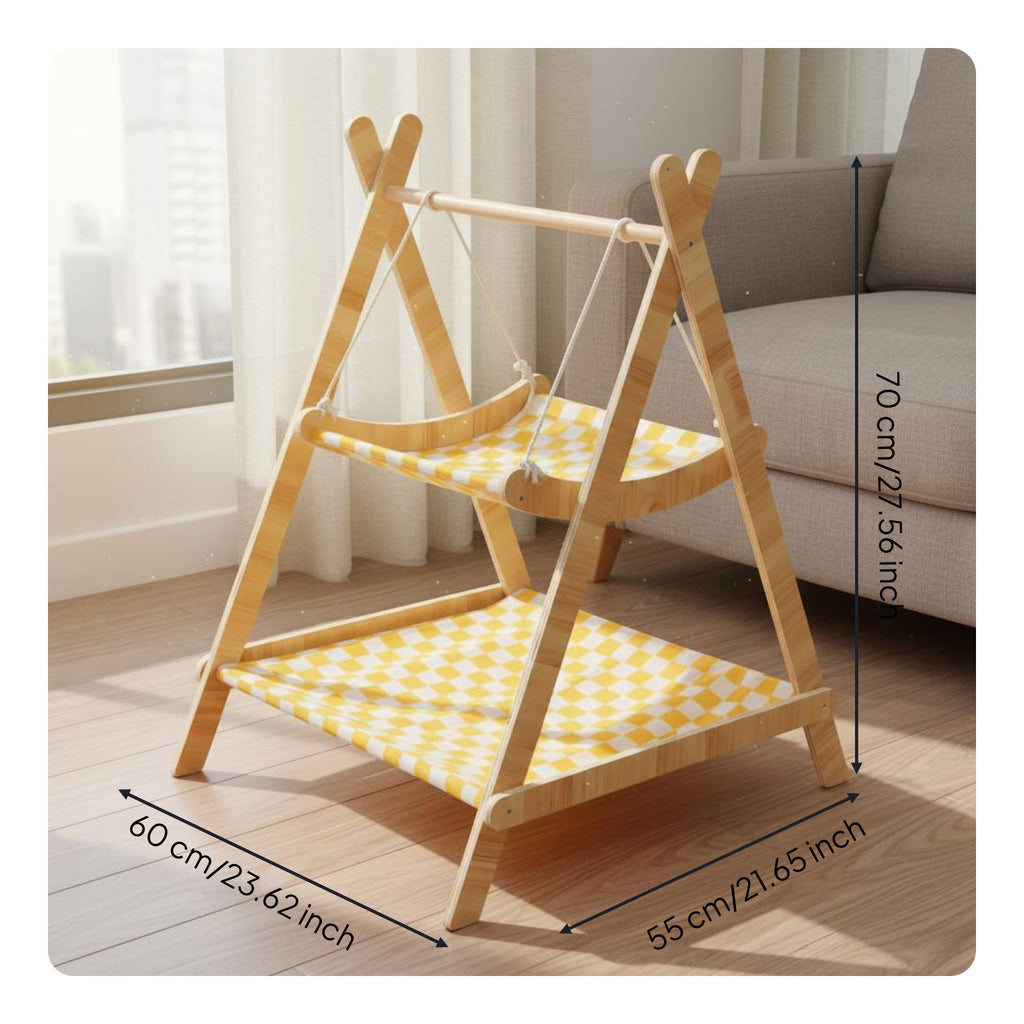 Double Layer Cat Hammock Sturdy Wood Frame 2 Tier Cat Hammock Washable Cover Double Layer Pet Bed