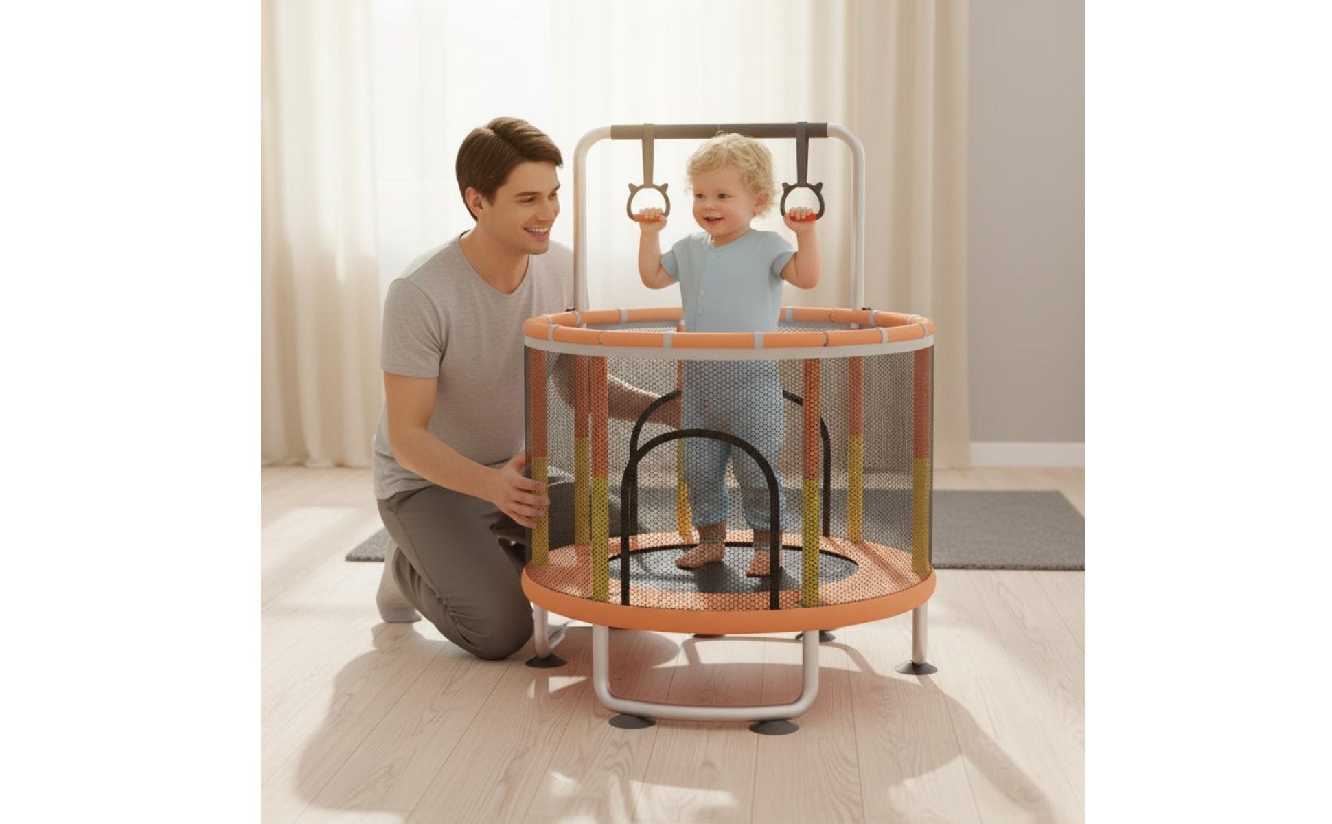 Quiet Bouncing Kids Trampoline with Safety Net Anti-Tip Stable Base Mini Trampoline with Enclosure Long-Lasting Steel Frame Small Jumping Bed with Guardrail for Toddlers, Playroom