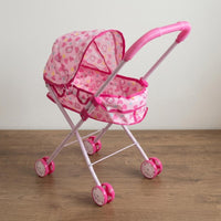 Rose-Colored Doll Carriage Metal Frame Toy Pram Curved Handle for Pretend Play