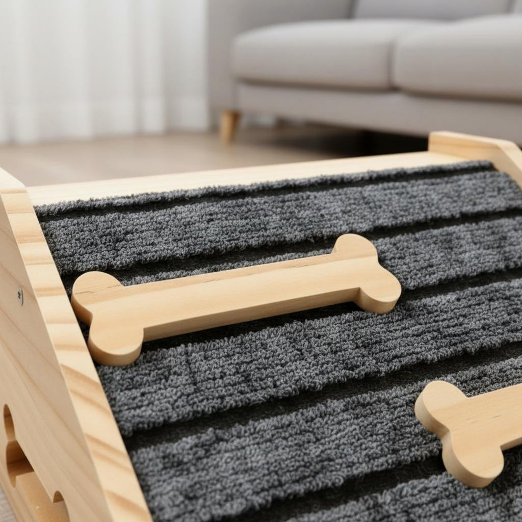 Wooden Dog Stair Ramp Gentle Slope Carpeted Pet Step Ramp Reduces Strain