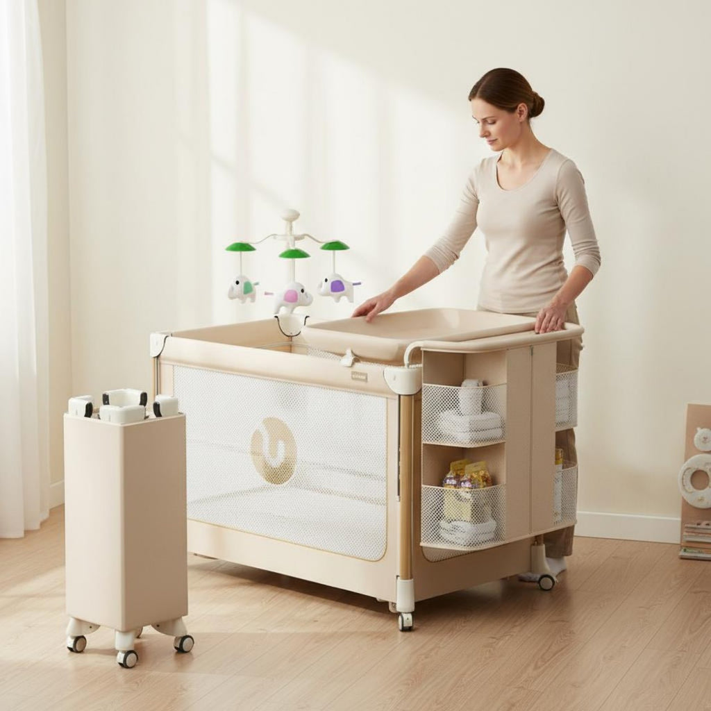 Multifunctional Baby Crib Adjustable Height Rolling Baby Bassinet for Newborns