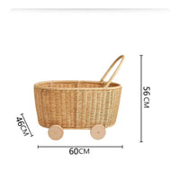 Rattan Toy Cart Handwoven Toy Storage Push Cart Boho Design for Children