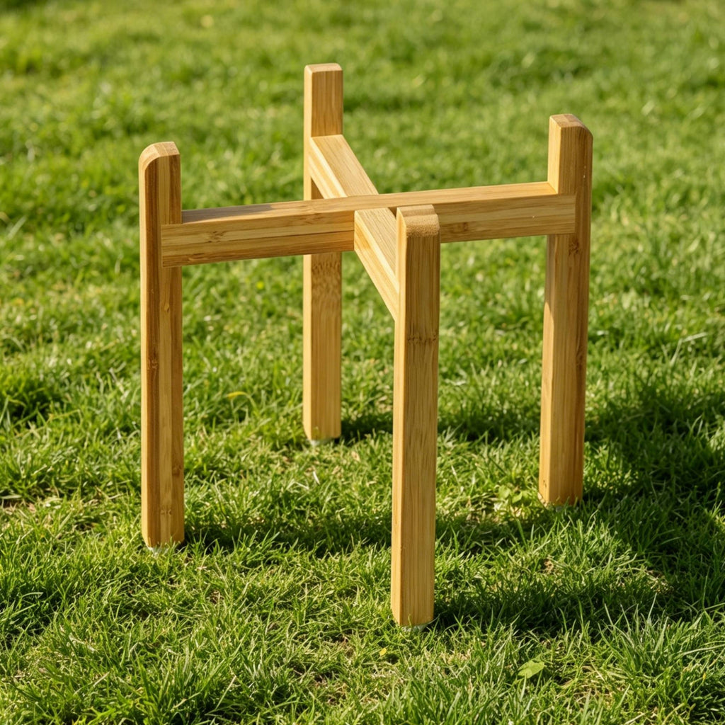 Cross-Brace Bowl Stand Bamboo Finish Wooden Pet Bowl Stand Exposed Design