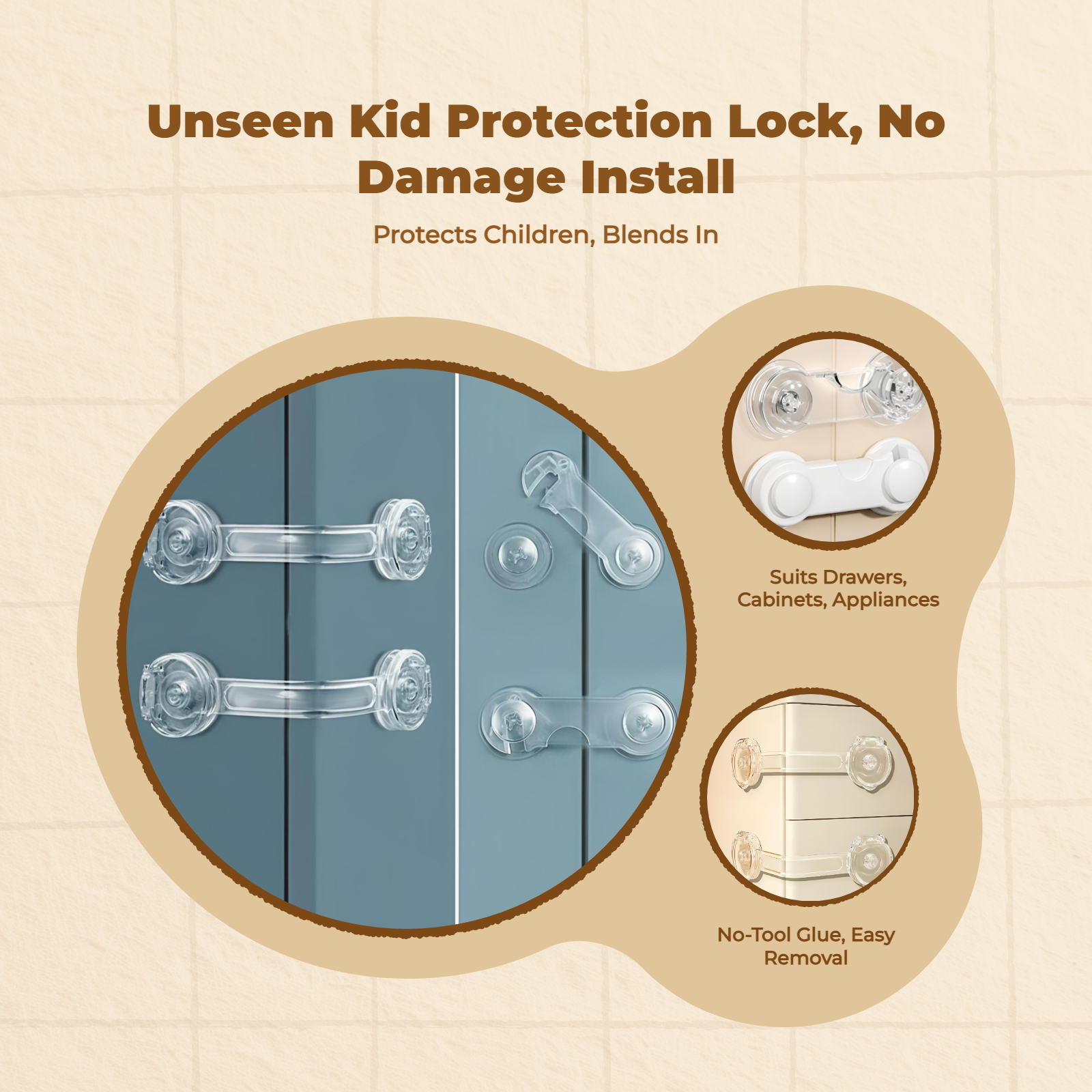 kid protection Drawer Lock, Cabinet Latch, infant Proofing, Adjustable, no tools needed, Easy Installation