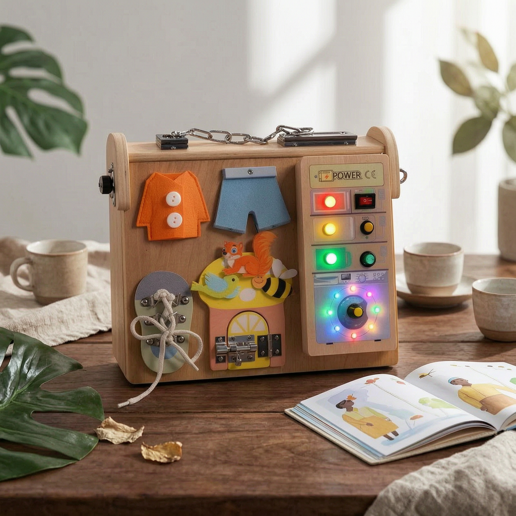 Four in a Busy Board Fine Motor Skills LED Busy Board Hand-Eye Coordination for Kids, Playroom, Car Ride