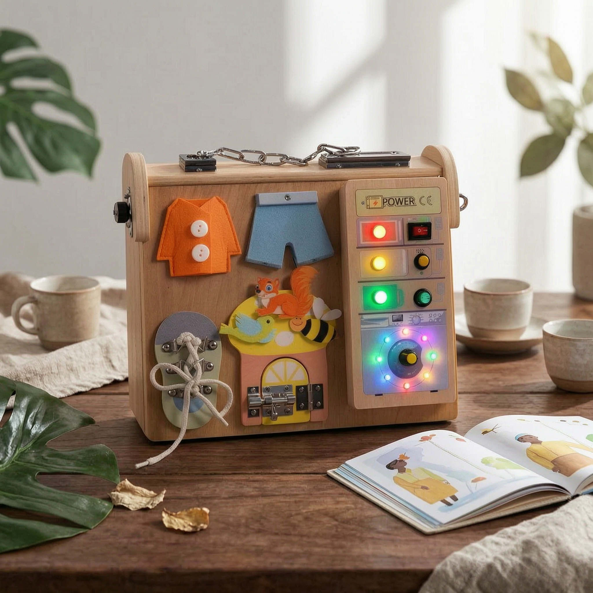 Four in a Busy Board Fine Motor Skills LED Busy Board Hand-Eye Coordination for Kids, Playroom, Car Ride