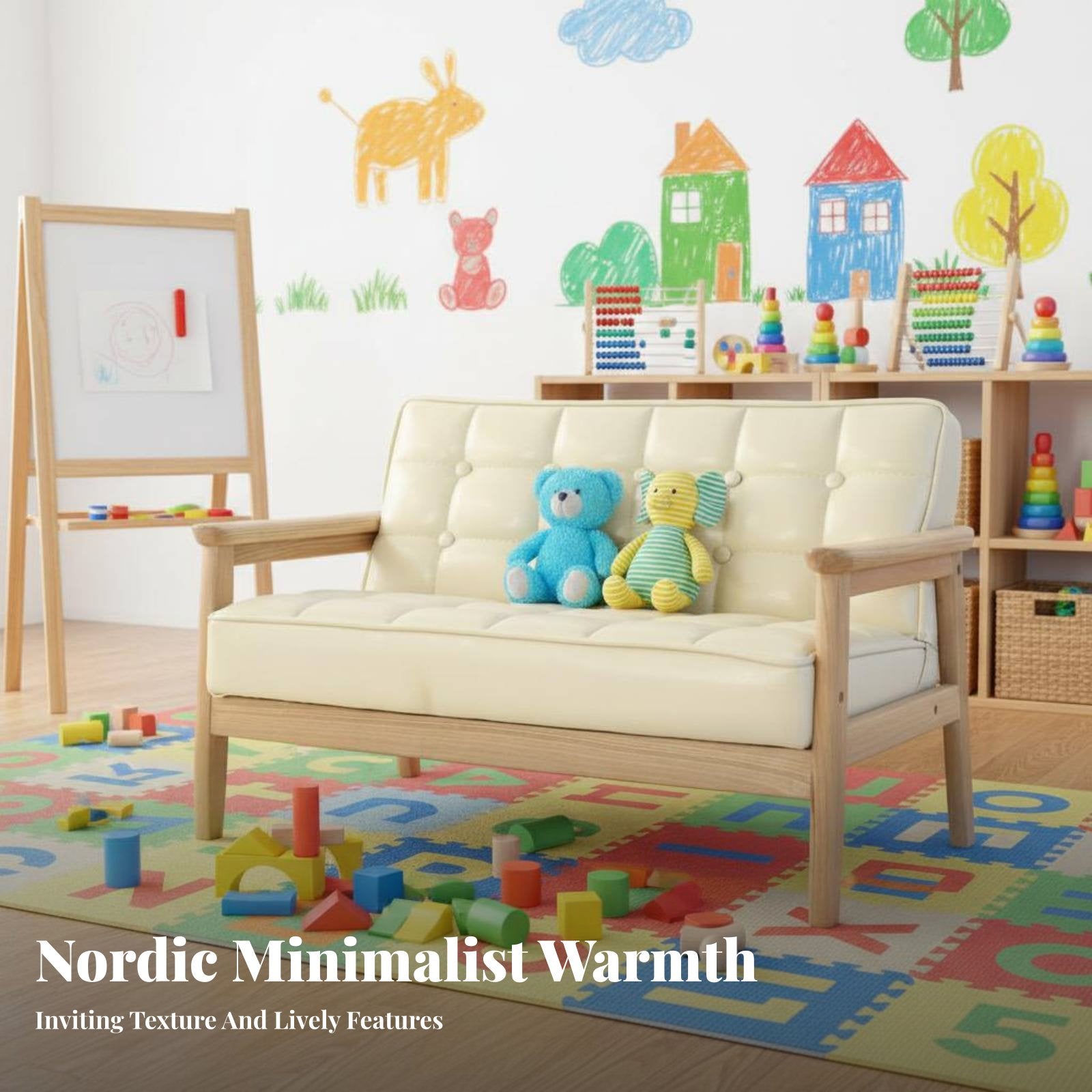 Double Children's Bench Sturdy Wood Frame Toddler Sofa 2-Seater Photography Prop for Toddlers, Babies, Playroom, Daycare