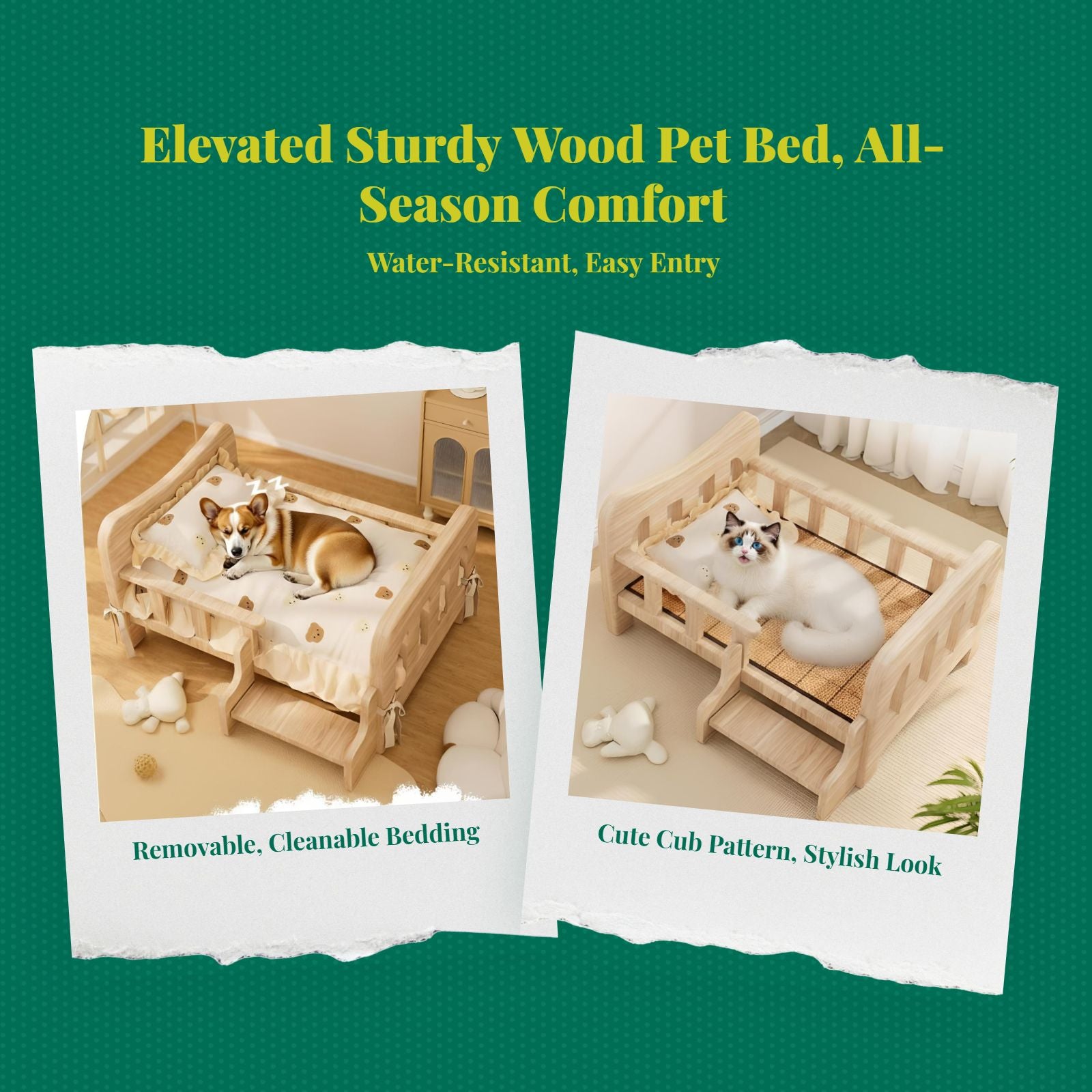Wooden Elevated Dog Bed, Plush Mat, Indoor Comfort