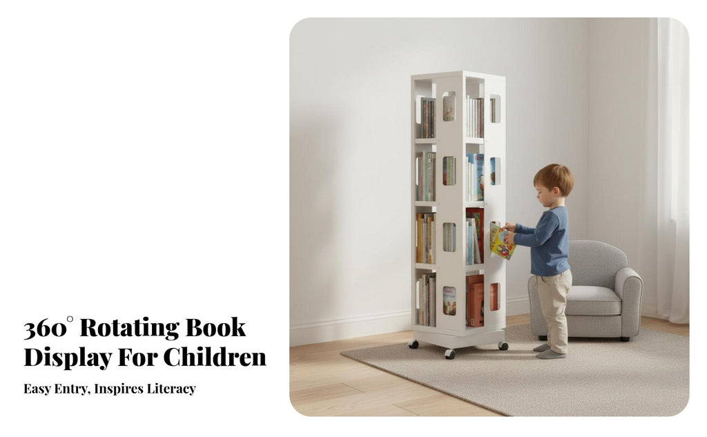 360-Degree Rotation Revolving Book Tower Mobile Design rotating Book Tower Space Saving children's Furniture Large Capacity for Toddlers, Students, Parents, Playroom, Nursery, Kindergarten, Study Room