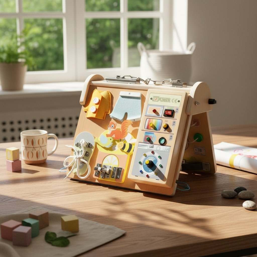 Four in a Busy Board Fine Motor Skills LED Busy Board Hand-Eye Coordination for Kids, Playroom, Car Ride