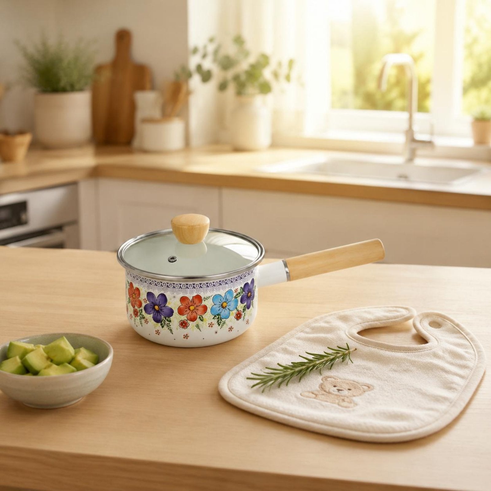 Infant Meals Pot Cute Floral Design Lidded Milk Pan Crack-Resistant for Infants